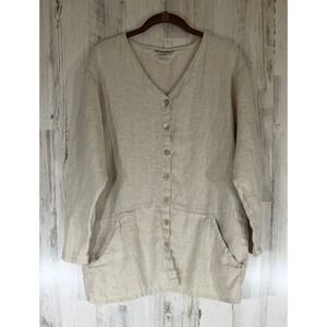 Sunbelt Nubby Linen Tunic Small Beige Button Front V-Neck Pockets‎ Minimalist